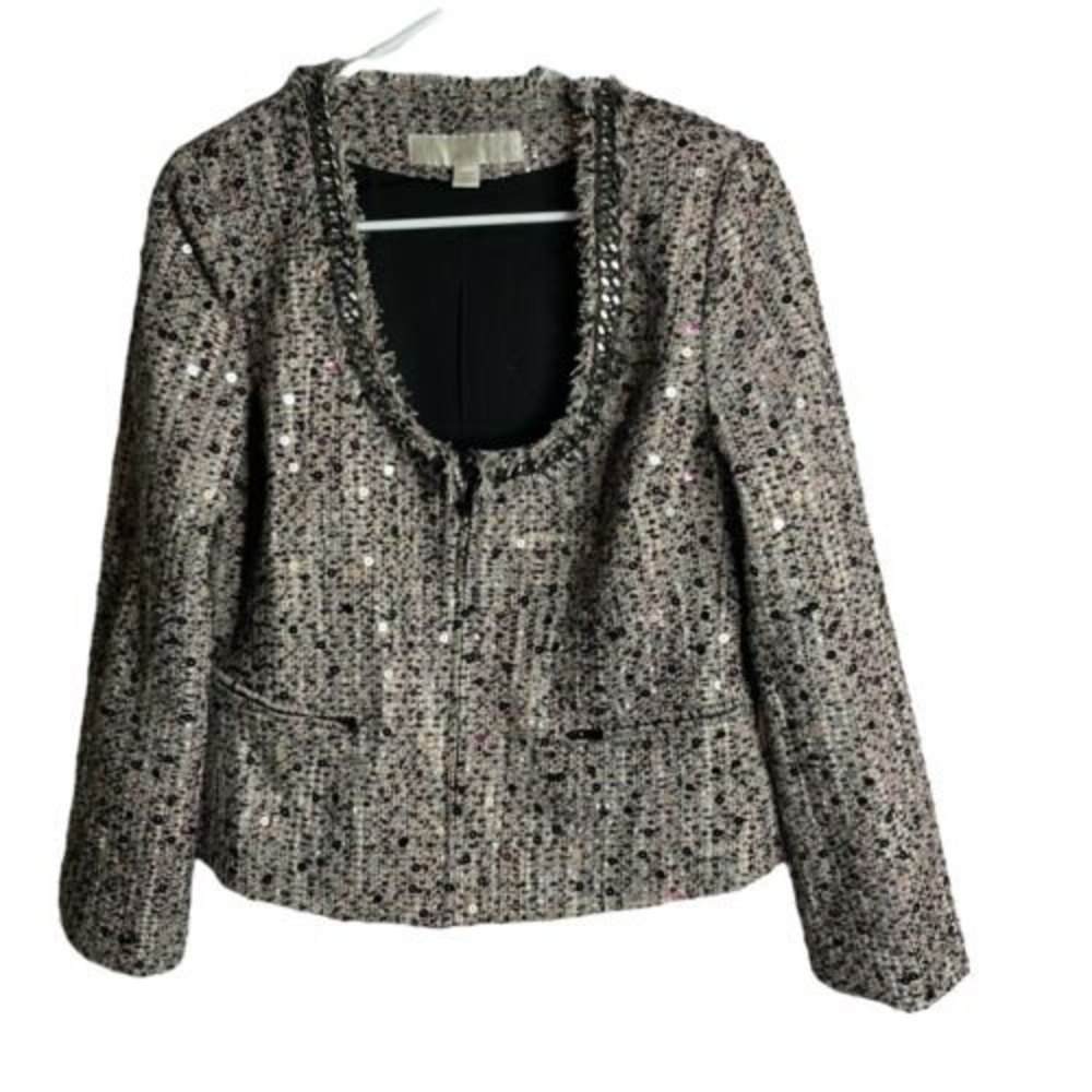 Boston Proper Size 10 Sequin Zip Front Tweed Career Jacket Pink Fringe Chain